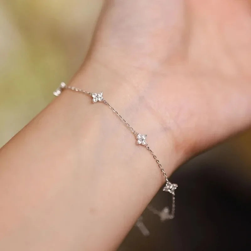 925 Sterling Silver Shiny Zircon Flower Bracelets for Women Charm Temperament Chain Bracelet Party Wedding Jewelry Holiday Gifts