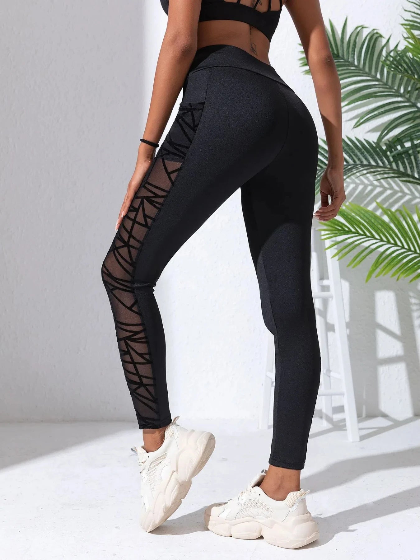 Side Mesh Yoga Women'S Leggings Black Fabric Patchwork High Waist Soft Comfortable Gym Fitness Sportswear Long Pants