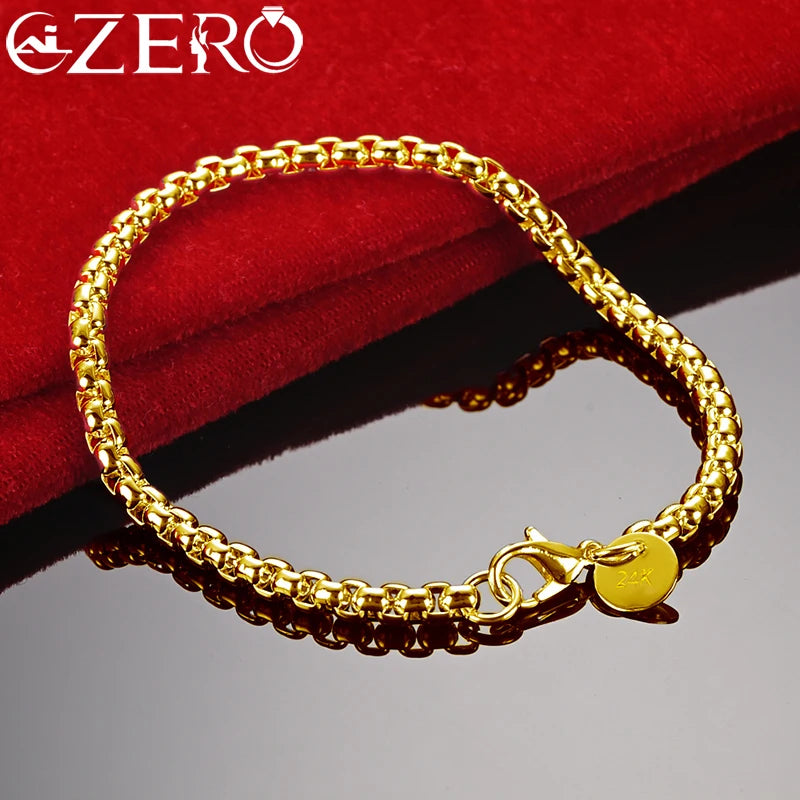 18K Gold Bracelets 925 Sterling Silver 4Mm round Box Chain Bracelet for Woman Man Fashion Jewelry Wedding Party Gift