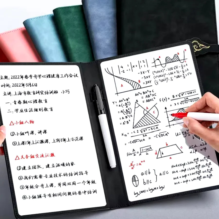 A5 Reusable Whiteboard Notebook Set with Whiteboard Pen Erasing Cloth Leather Memo Pad Weekly Planner Portable Stylish Office
