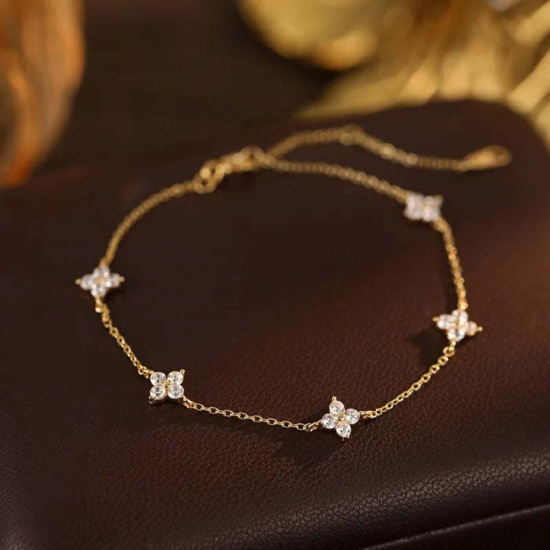 925 Sterling Silver Shiny Zircon Flower Bracelets for Women Charm Temperament Chain Bracelet Party Wedding Jewelry Holiday Gifts