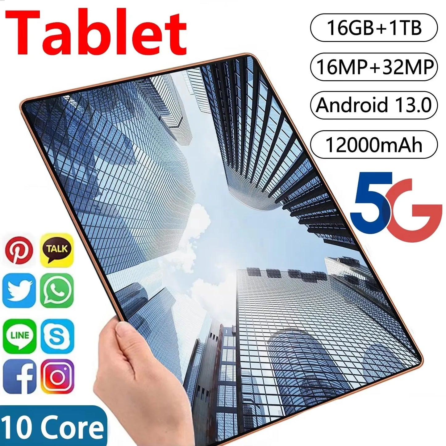 2025 5G Tablet Android 13.0 Brand New 10.36 Inch 16GB RAM 1TB ROM Tablet 16MP 32MP 12000Mah 10Core WIFI Bluetooth Network Tablet