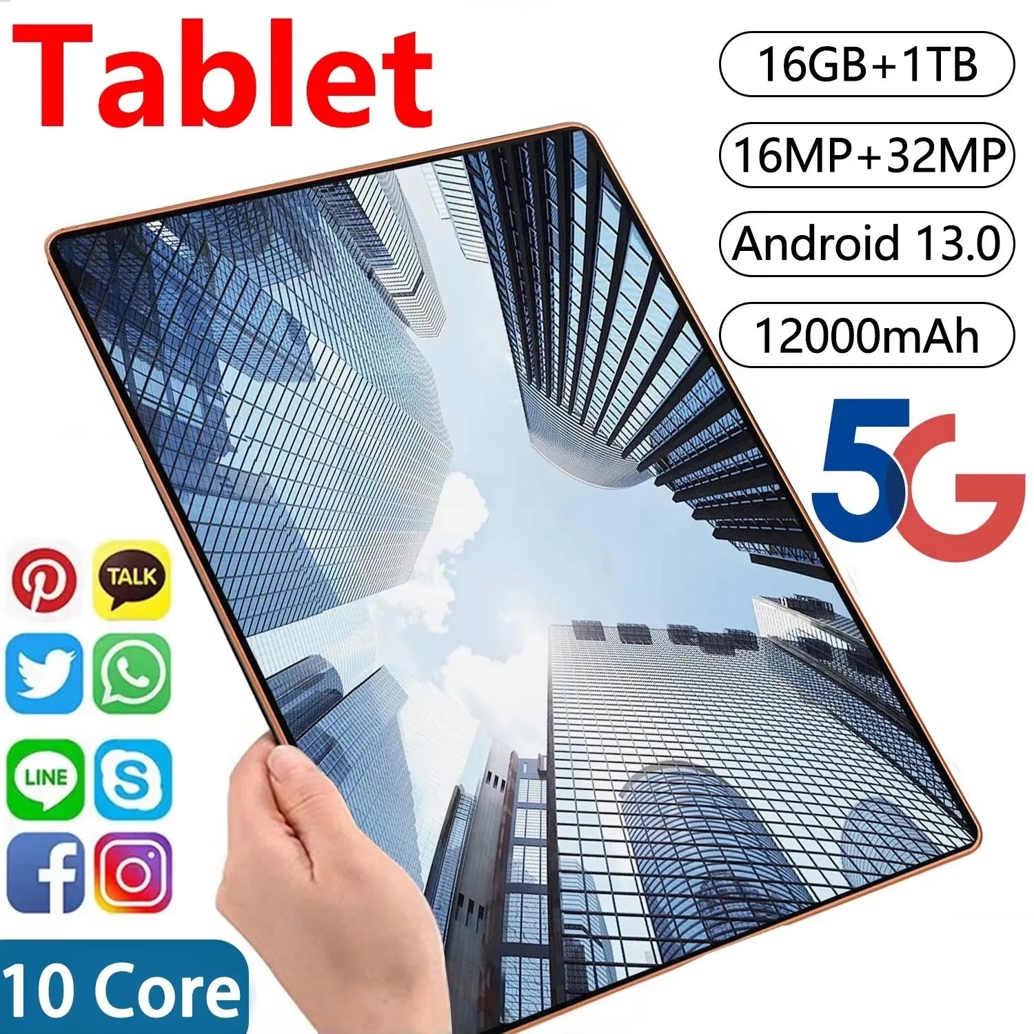 2025 5G Tablet Android 13.0 Brand New 10.36 Inch 16GB RAM 1TB ROM Tablet 16MP 32MP 12000Mah 10Core WIFI Bluetooth Network Tablet